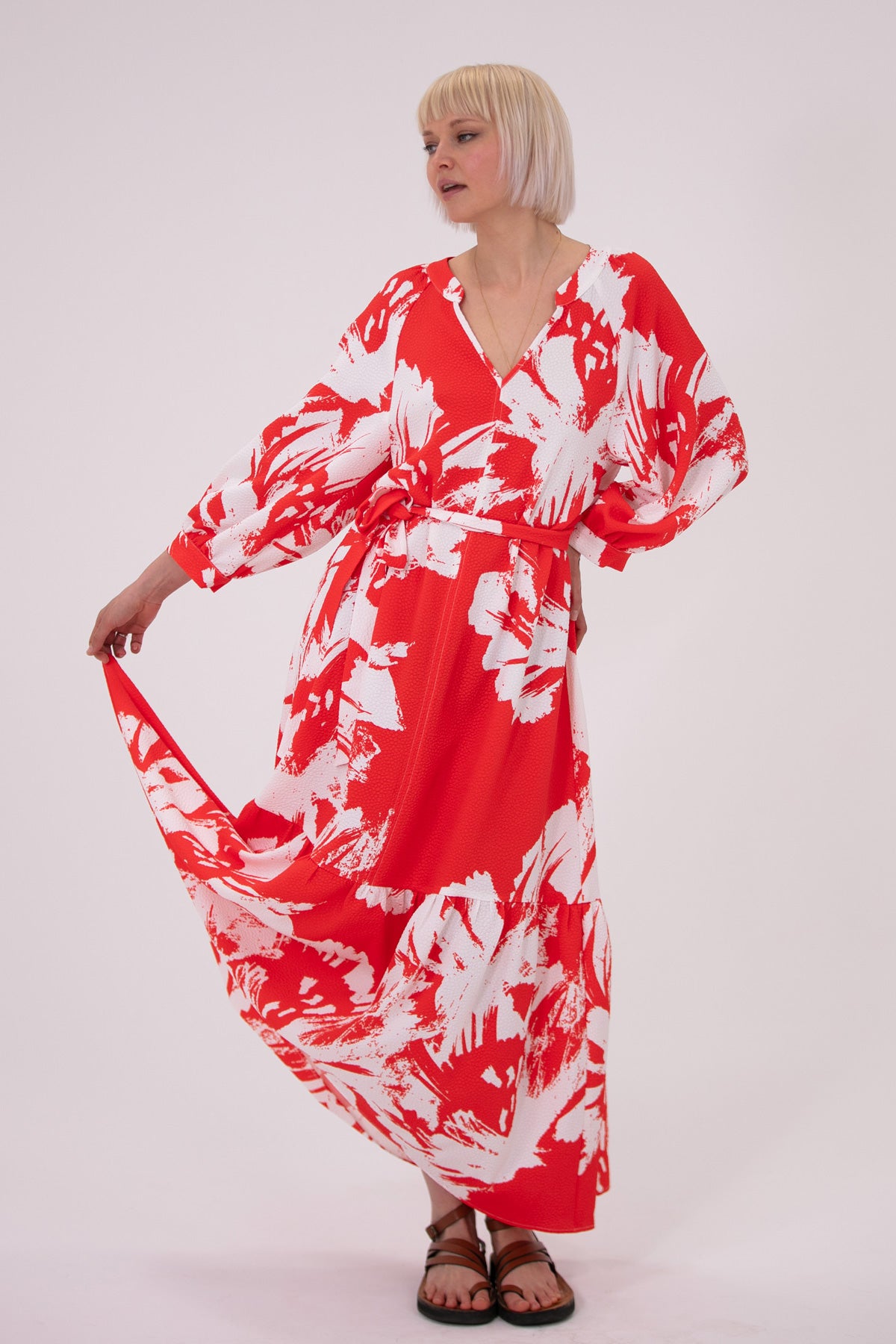 naomi silk dress Naomi Silk Crepe Red Print Dress – Stoned & Waisted