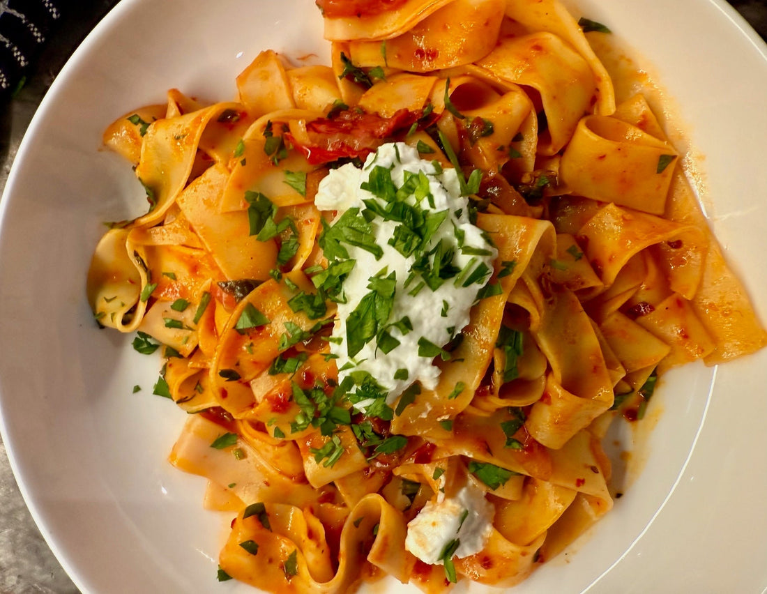 Ottolenghi - Pappardelle with rose harissa, black olives and capers