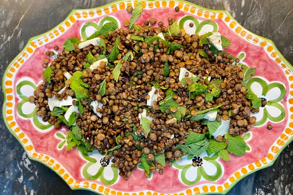 Warm Green Lentil Salad with Sherry Vinegar, Mint, Dates and Goats Cheese Salad
