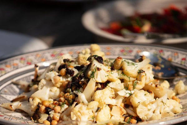 Roasted Cauliflower, Chickpeas, Currants with Lemon Dressing and Dill Salad