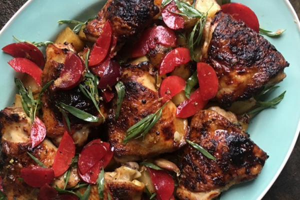 Chipotle-roasted chicken with plum and tarragon salad