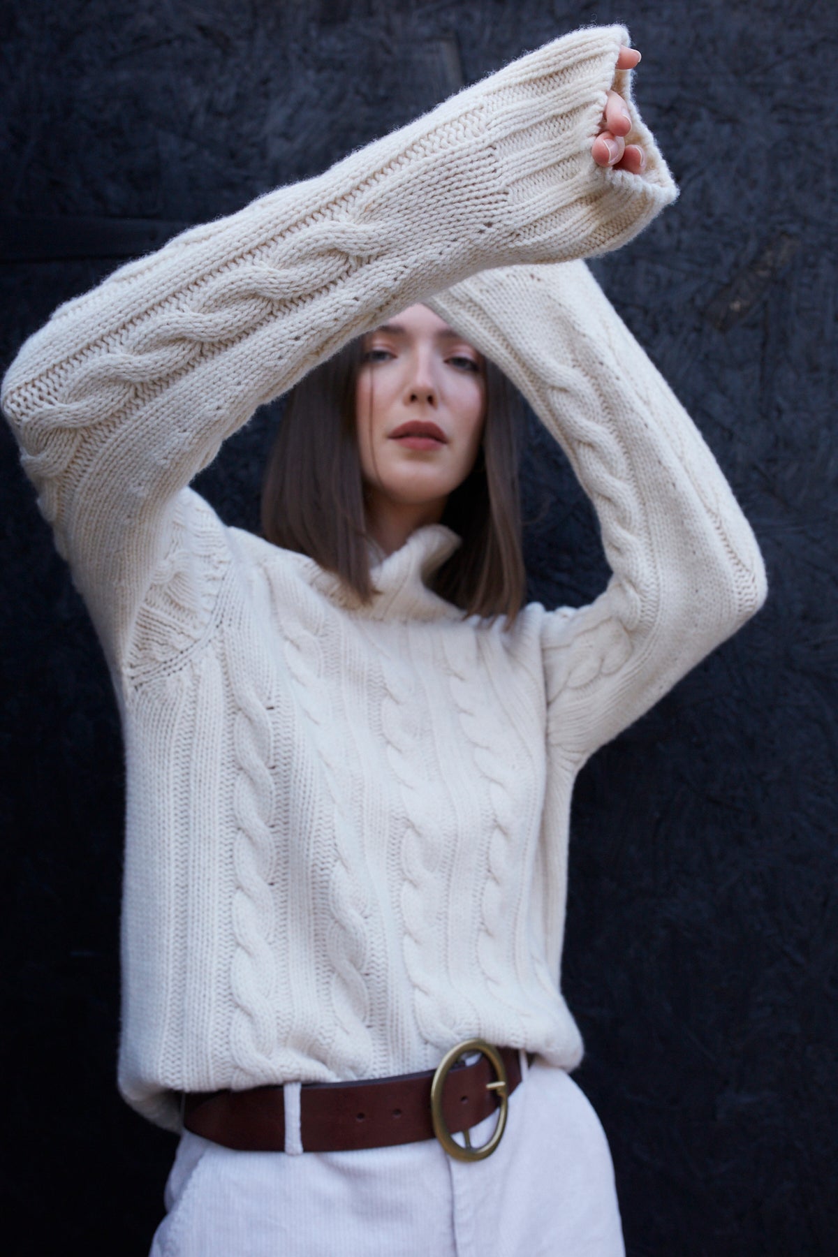 Cream Scottish Cable Knit Wool Turtleneck