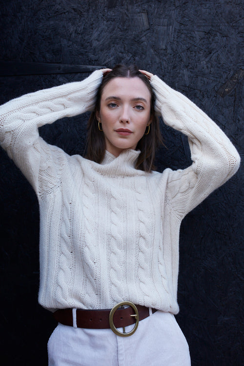 Cream Scottish Cable Knit Wool Turtleneck