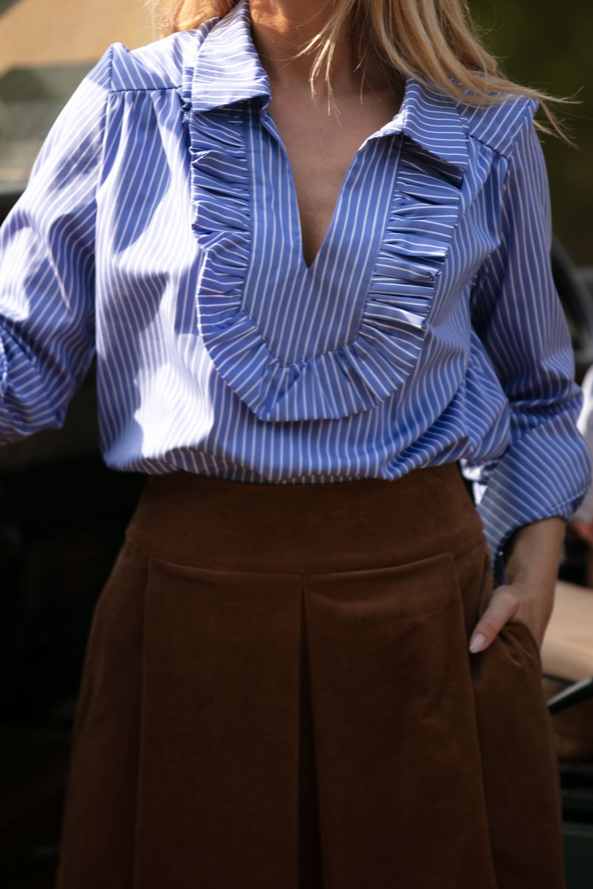 Cate Long Sleeved Cotton Blue Blouse