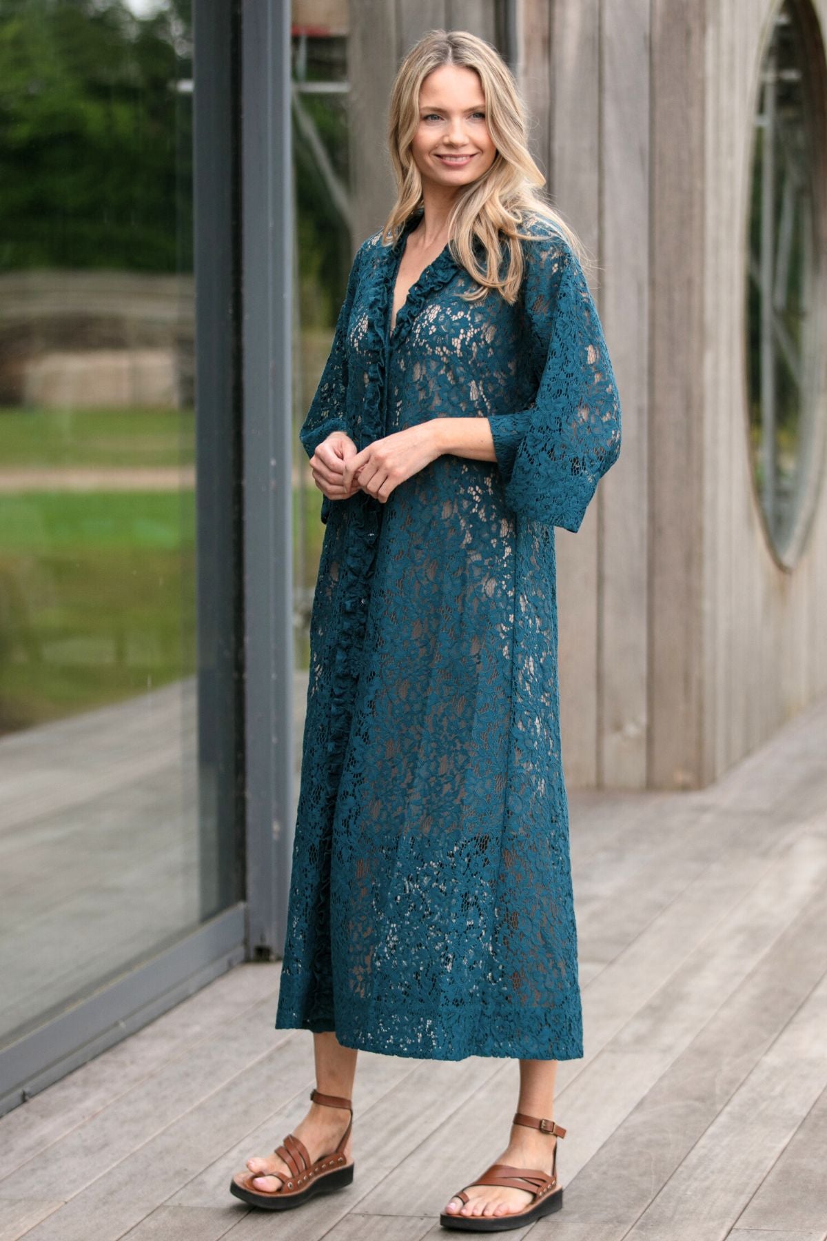 Yasmin Teal Cotton Lace Kaftan