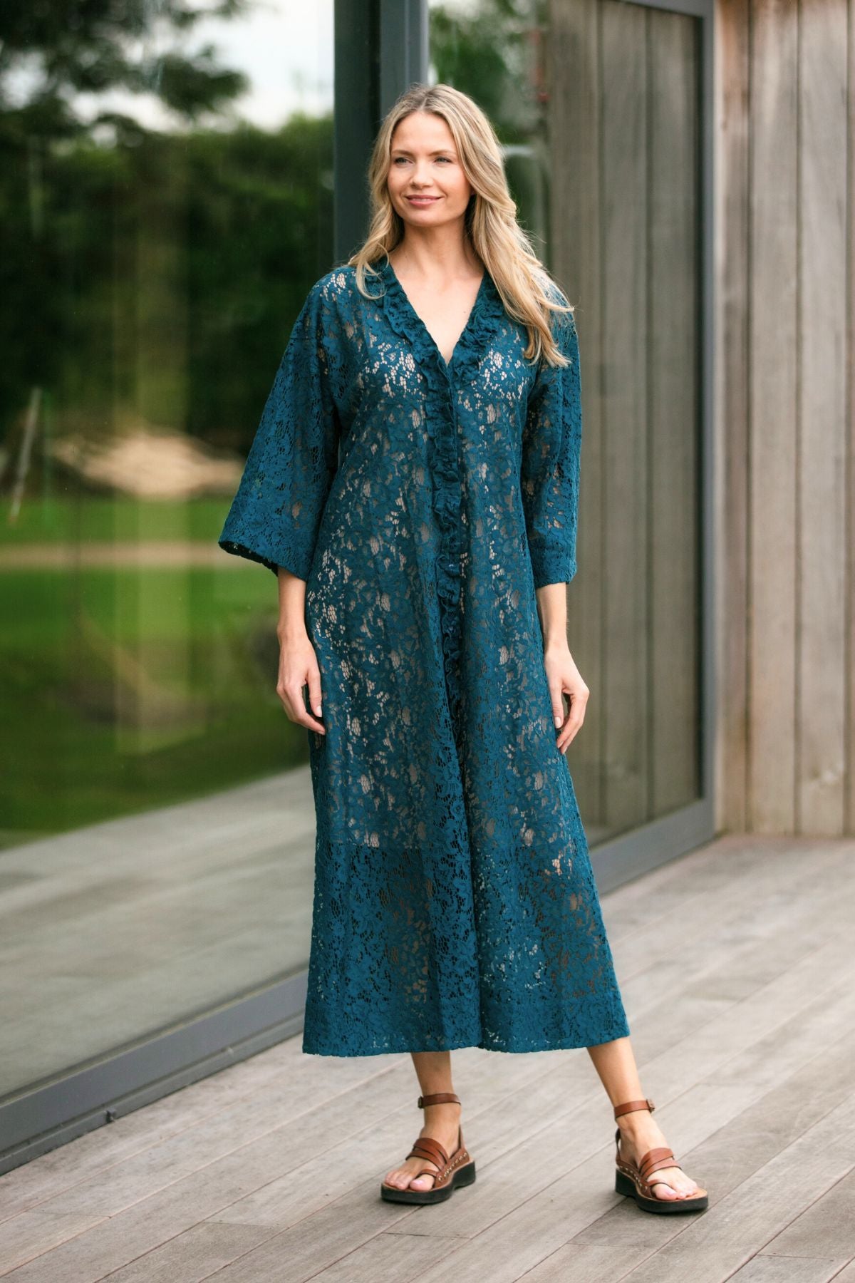 Yasmin Teal Cotton Lace Kaftan