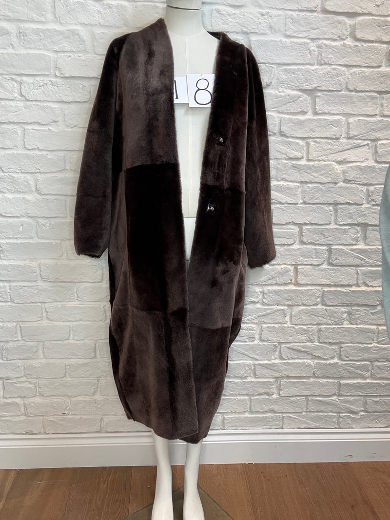 18. Molten Chocolate Long Cocoon Shearling Coat with grey reverse - January 2025 Sale