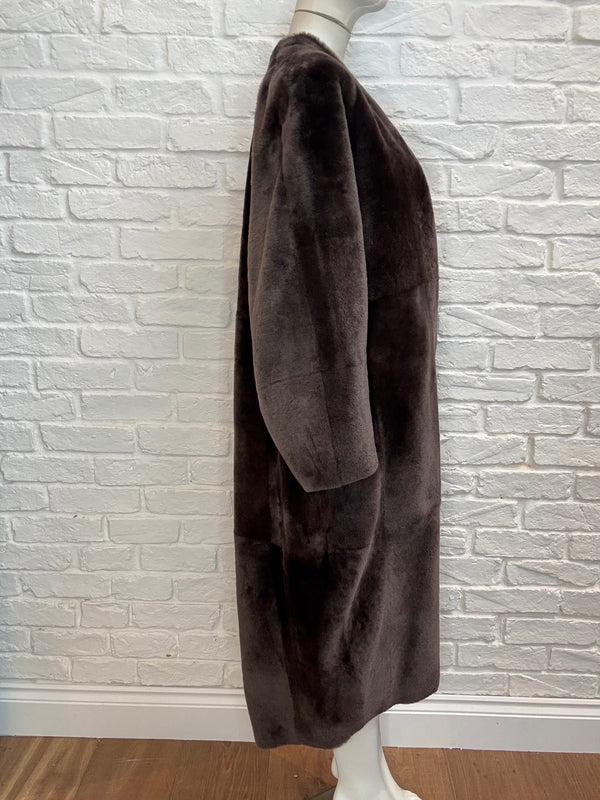 18. Molten Chocolate Long Cocoon Shearling Coat with grey reverse - January 2025 Sale