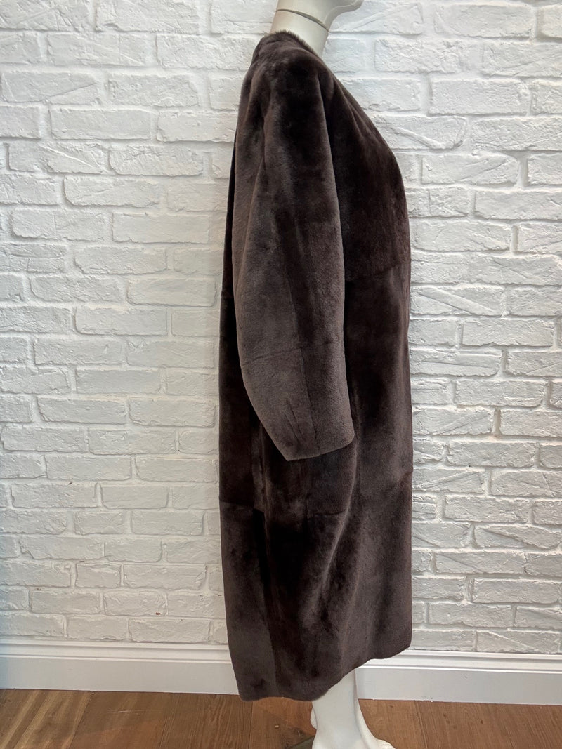 18. Molten Chocolate Long Cocoon Shearling Coat with grey reverse - January 2025 Sale