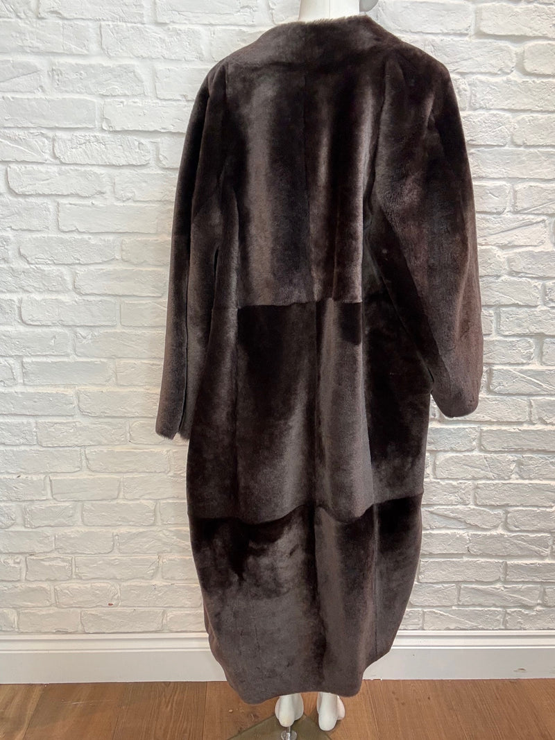 18. Molten Chocolate Long Cocoon Shearling Coat with grey reverse - January 2025 Sale