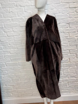 18. Molten Chocolate Long Cocoon Shearling Coat with grey reverse - January 2025 Sale