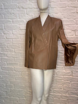 21. Soft Tan Leather Lined Vneck Jacket Magnetic Fastner with Split Sleeve Zip Detail - January 2025 Sale