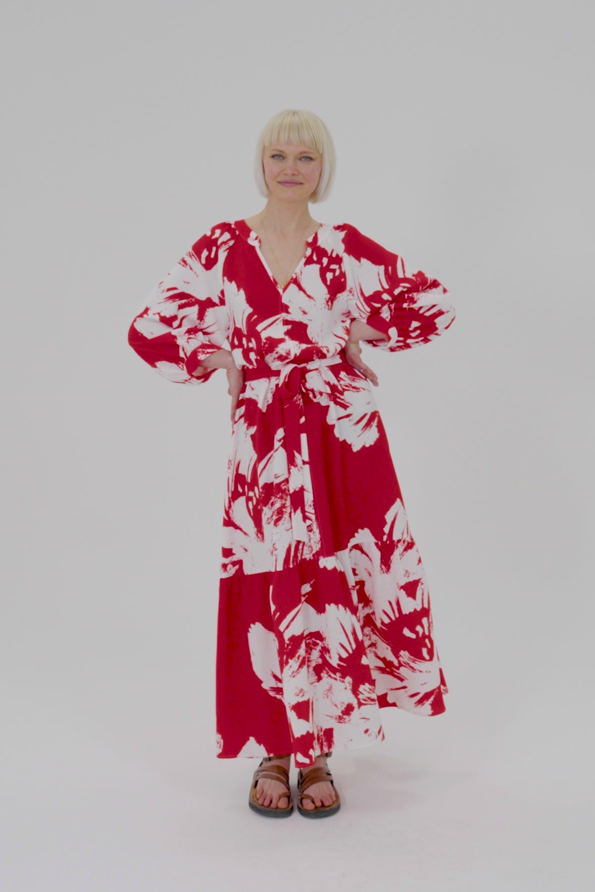 Load video: Naomi Silk Crepe Red Print Dress