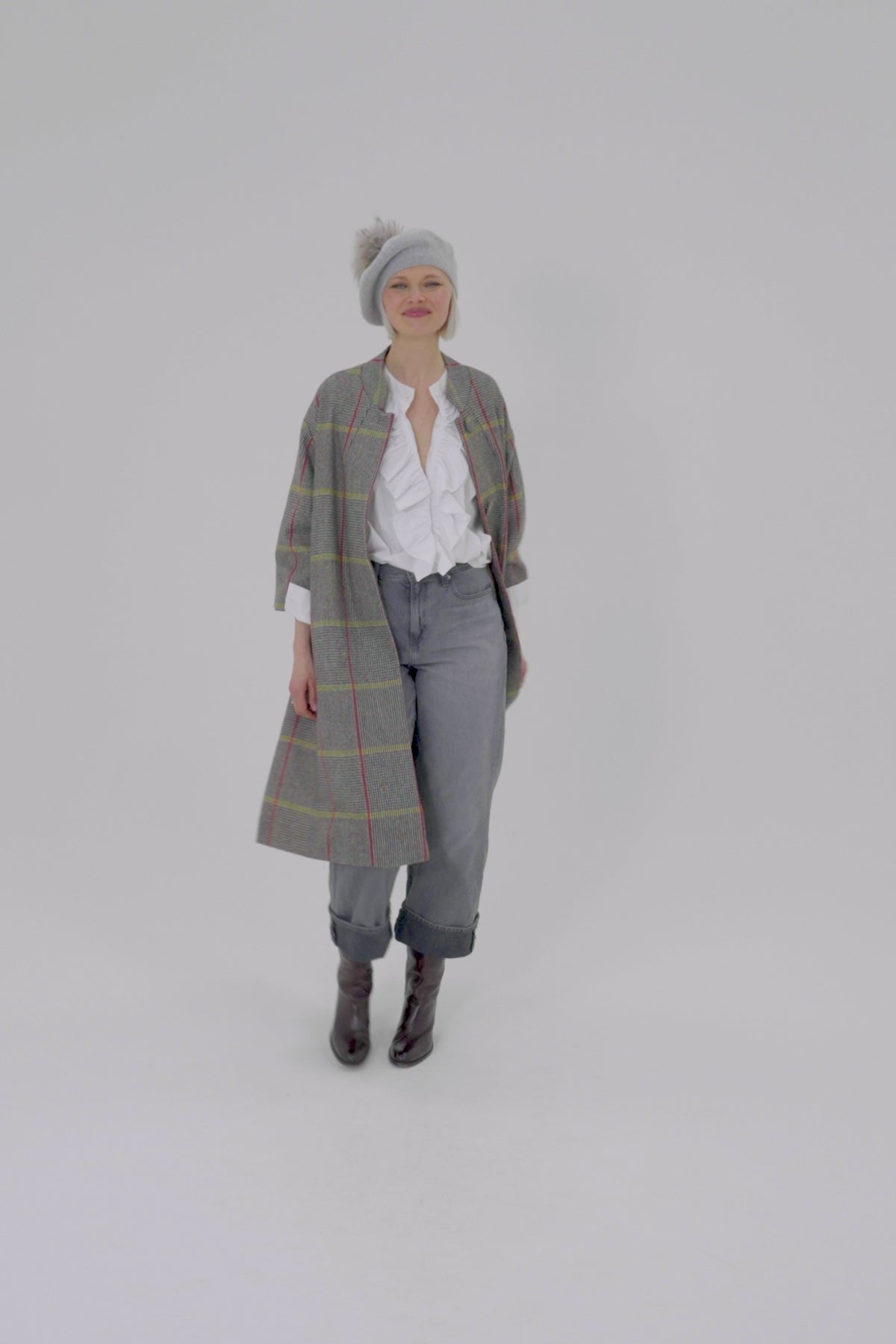 Load video: Rachel Wool Coat Yellow &amp; Red